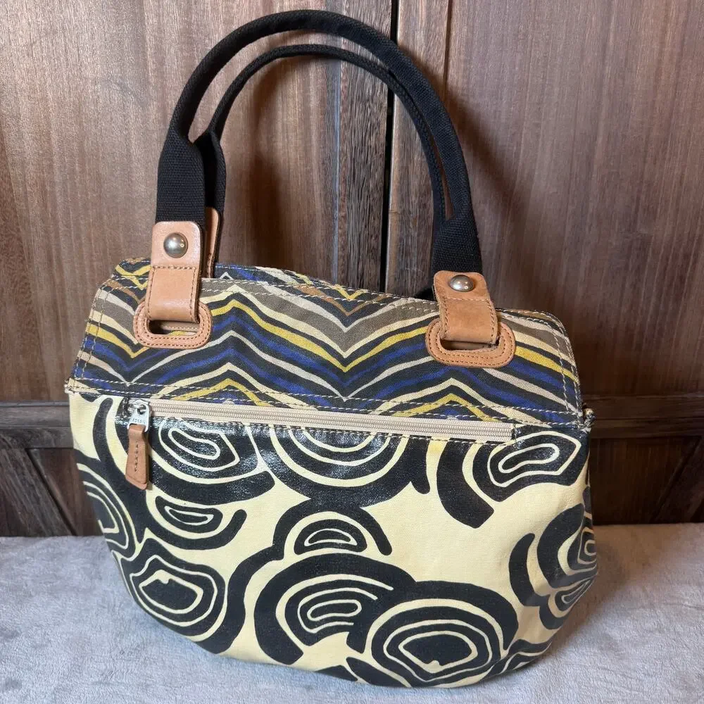 Fossil Abstract Print Canvas Tote Bag Black Cream Blue Yellow Shoulder Purse